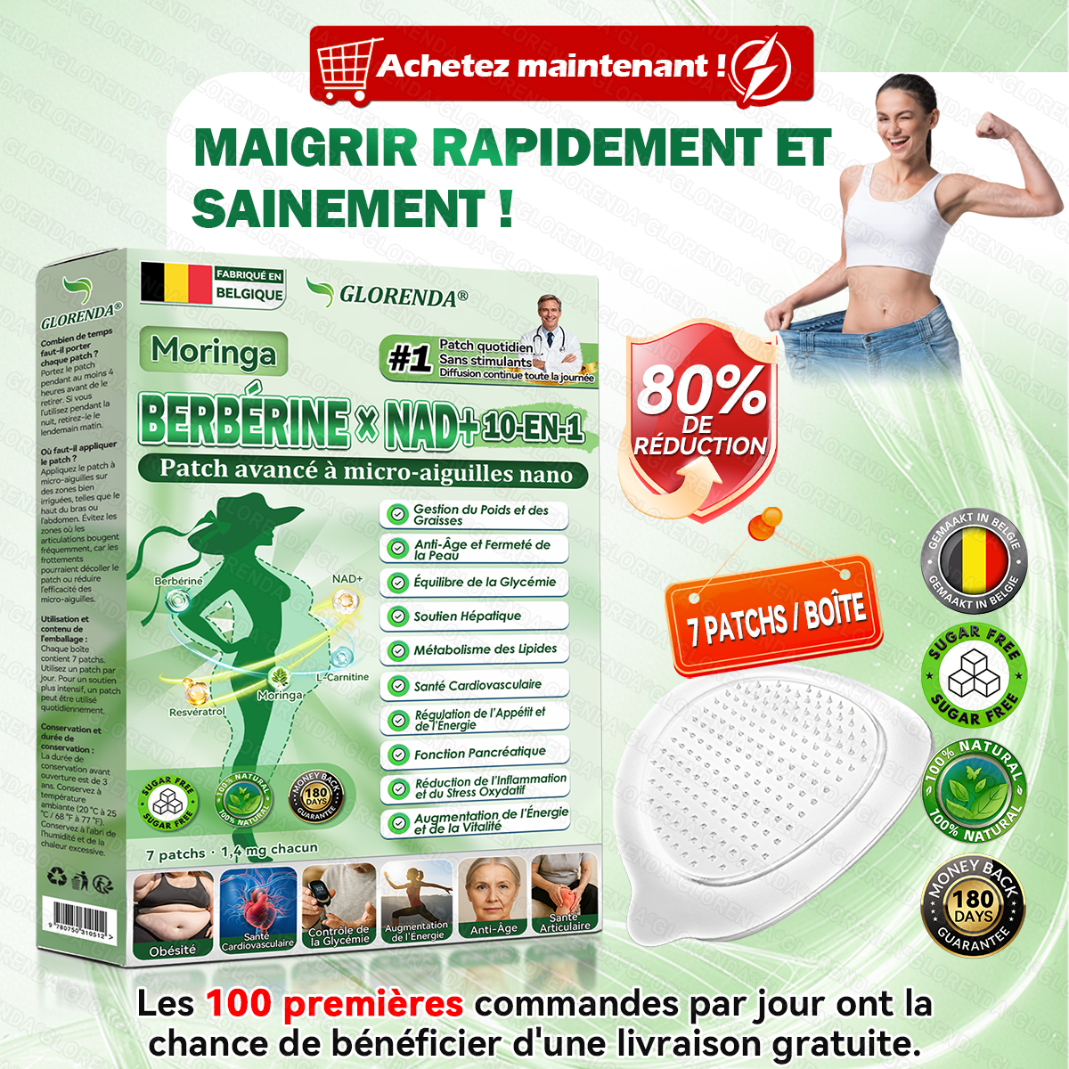 Boutique officielle 🏆🏆 𝐆𝐋𝐎𝐑𝐄𝐍𝐃𝐀® Moringa · Berbérine + NAD+ – Patch Microneedle Nano Avancé 10-en-1 (1×/jour, résultats visibles en 7 jours) | Obésité, relâchement cutané, apnée du sommeil, articulations, etc.